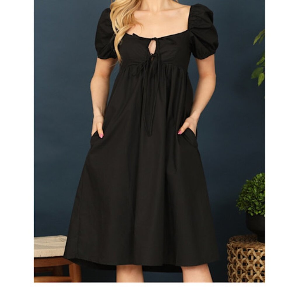 Olivaceous Black Puff Sleeve Midi Dress